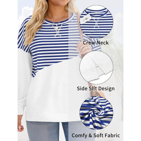 Plus Size Sweatshirts Women Long Sleeve Colorblock Side Split Casual - Picture 4 of 5